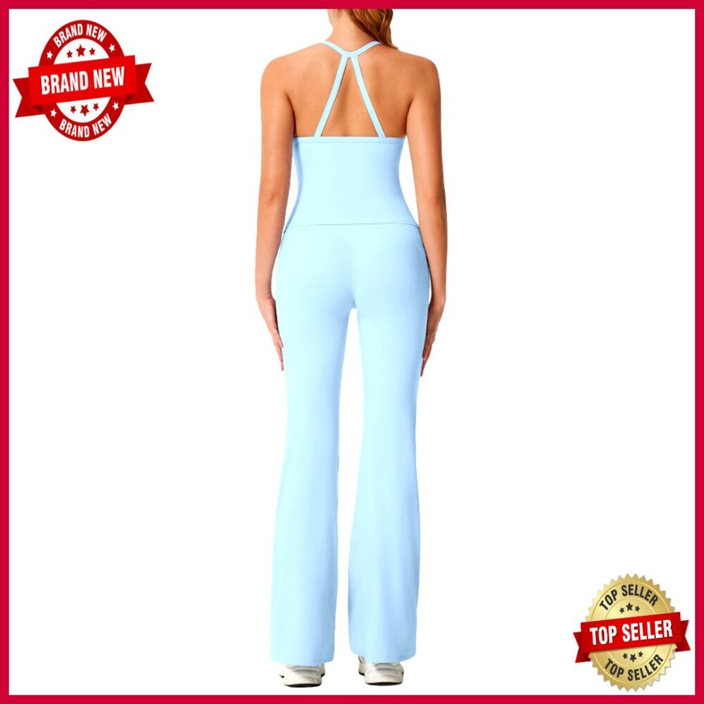 2-Piece Workout Set With Padded Tank Top And Flare Leggings With Pockets